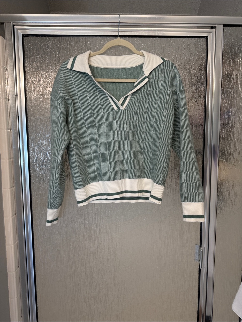 Sailor Collar Knit Sweater - Sage Green and Cream
